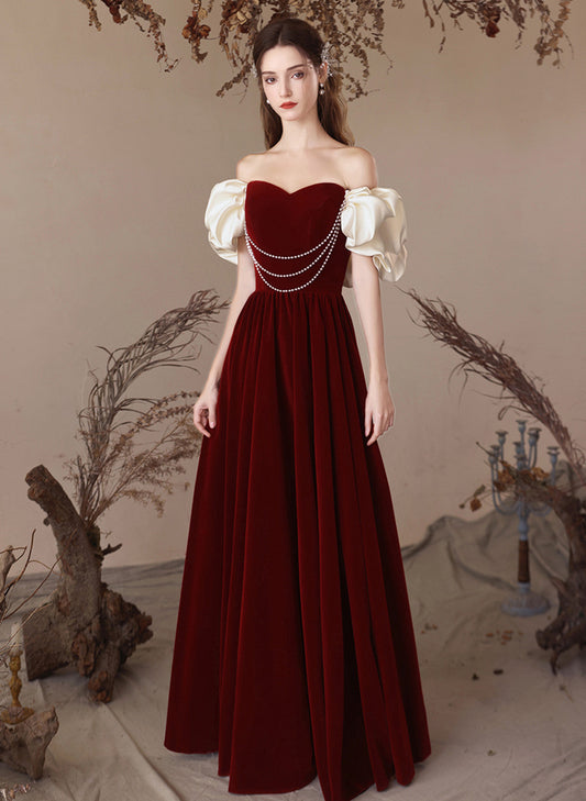 Tmallworld A-line Velvet Wine Red Sweetheart Off Shoulder Prom Dress, Wine Red Party Dress