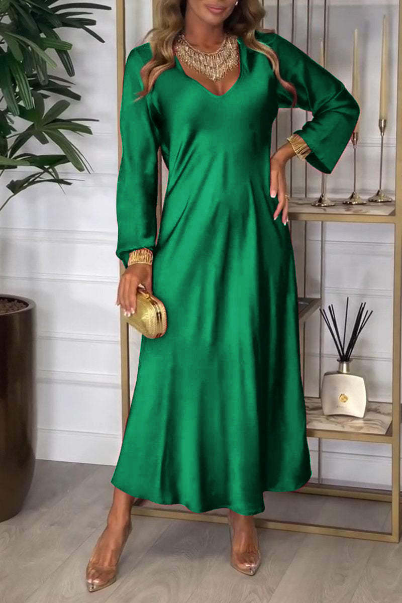 SWVWS New 2025 cross-border independent station new v-neck long-sleeved autumn solid color sexy dress long dress