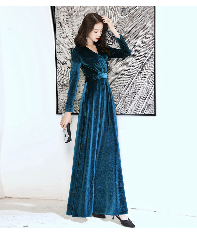 Tmallworld Elegant Velvet Long Sleeves V-neckline Prom Dress. Velvet Bridesmaid Dress Party Dress