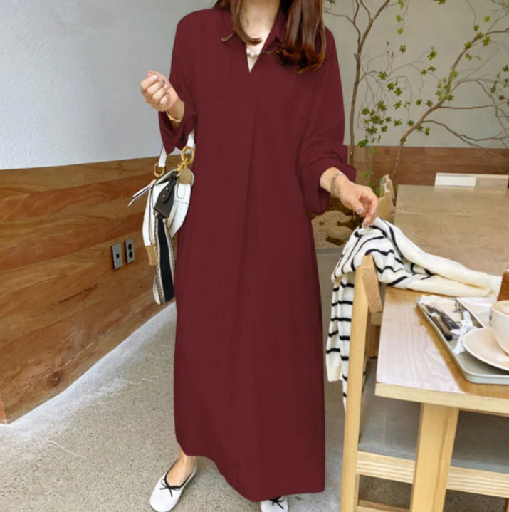 SWVWS New Solid Color Polo Collar Cotton and Linen Long Sleeve Simple Temperament Commute Loose Casual Long plus Size Dress