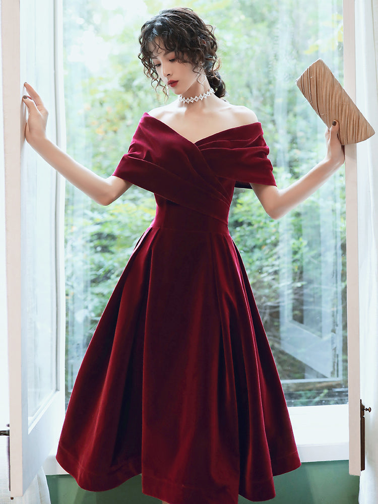 Tmallworld Beautiful Wine Red Velvet Tea Length Party Dress, Bridesmaid Dress