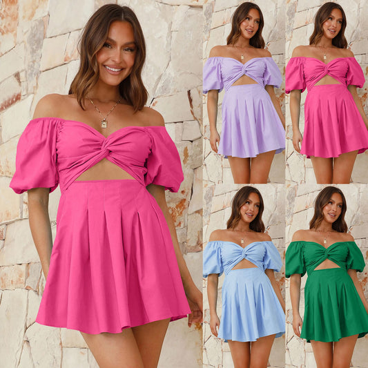 SWVWS Cross-Border Sexy off-the-Shoulder Lantern Sleeve Pleated Dress European and American Foreign Trade Spring Summer Women's Wear New Short A- line Skirt