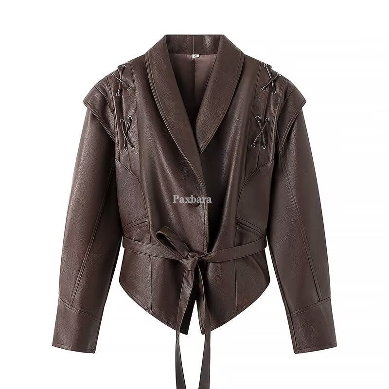 1786  European and American cross-border clothes women's winter Merad wear waist lapel street trendy pu leather jacket