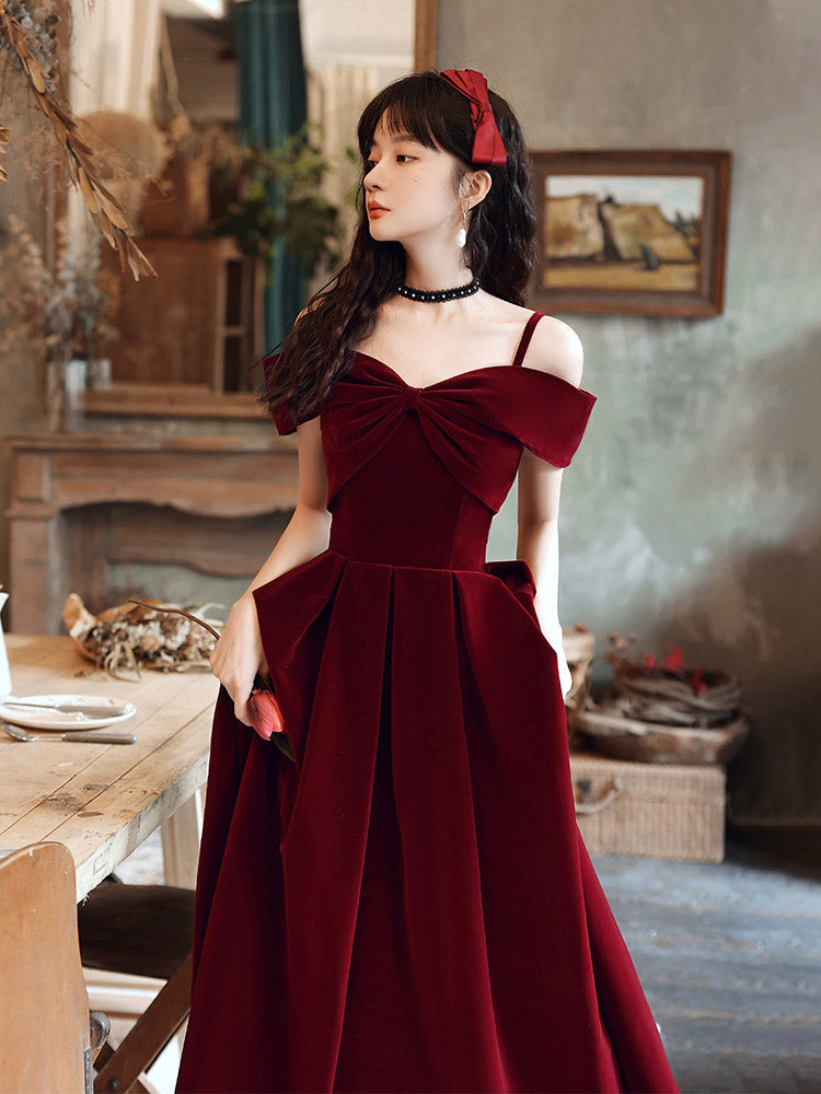 Tmallworld Wine Red Velvet Off Shoulder Long Evening Dress, Dark Red Party Dress Formal Dress