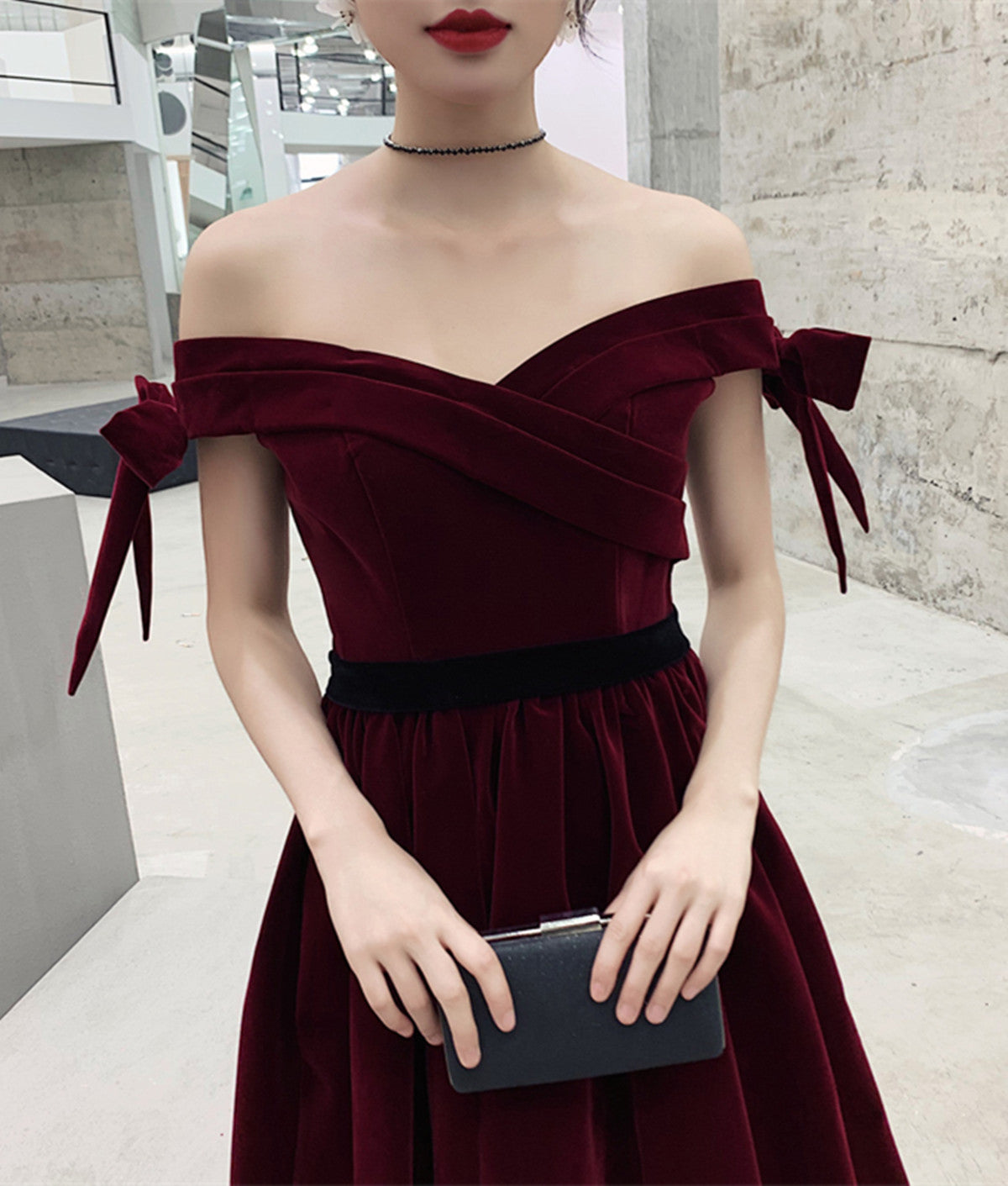 Tmallworld Wine Red Velvet Off Shoulder Party Dress, A-line Velvet Bridesmaid Dress Prom Dress