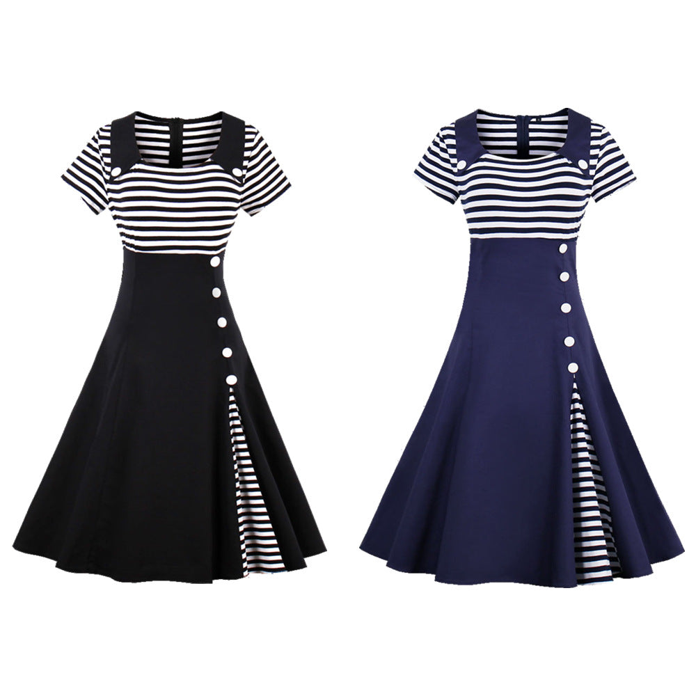 SWVWS Wish Hot Sale European and American plus Size Women's Clothes Striped Retro Dress 1528 Factory Direct Supply