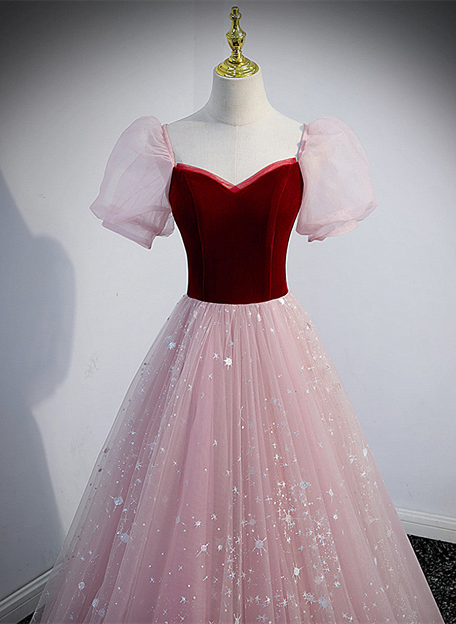 Tmallworld Pink Tulle with Wine Red Velvet Sweetheart Prom Dress, A-line Long Party Dress