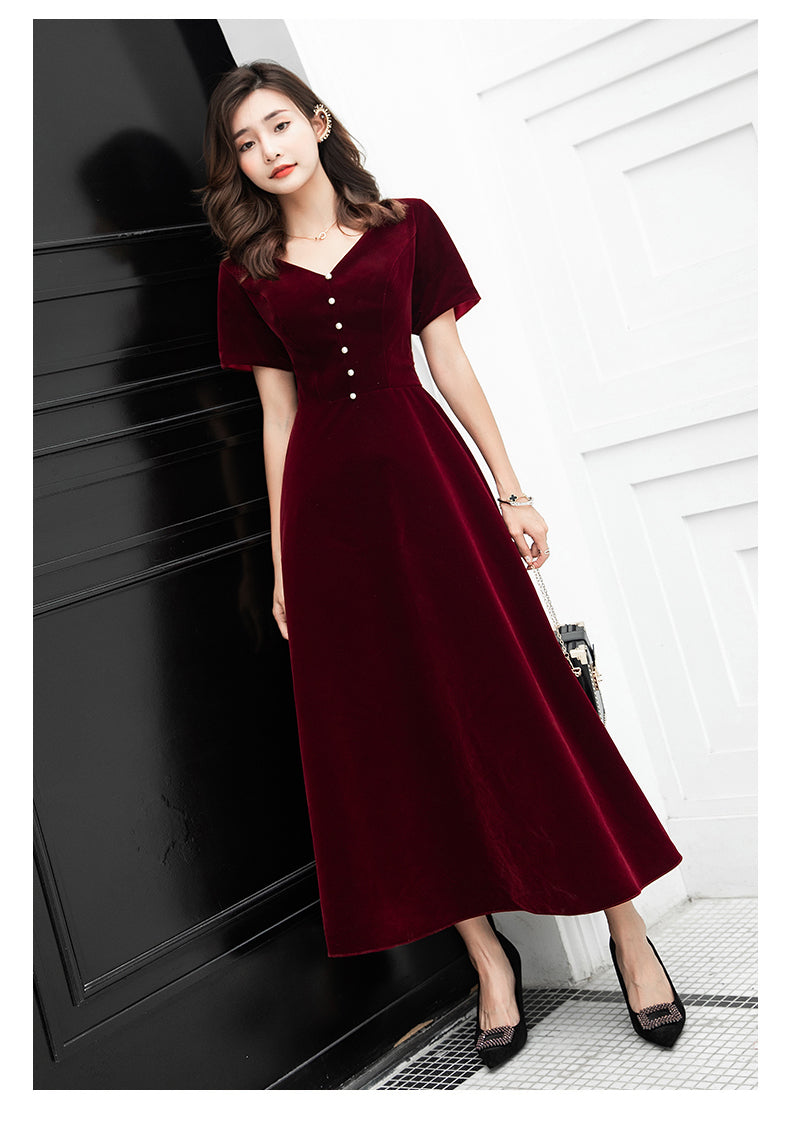 Tmallworld Wine Red Tea Length Short Sleeves Vintage Style Party Dress, Velvet Bridesmaid Dress