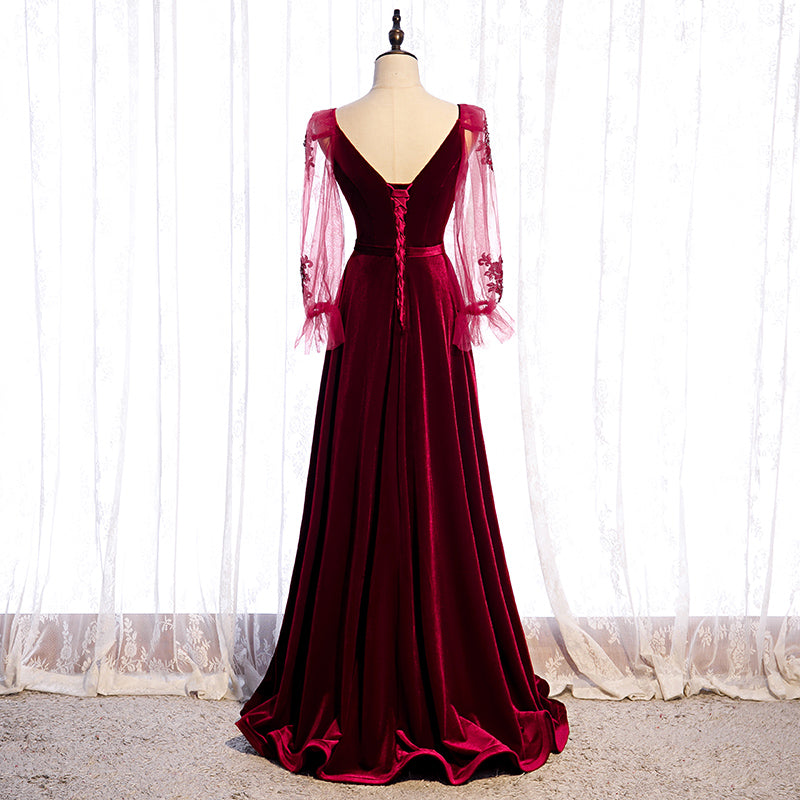 Tmallworld Wine Red Velvet Long Party Dress Prom Dress, A-line Long Sleeves Formal Dresses