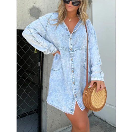 SWVWS New  Cross Border  Hot Denim Skirt V-neck Washed Loose Shirt Dress plus Size