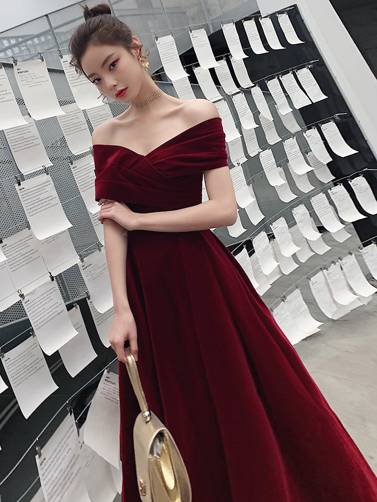 Tmallworld Elegant Velvet Burgundy Long Party Dress, A-line Evening Gown