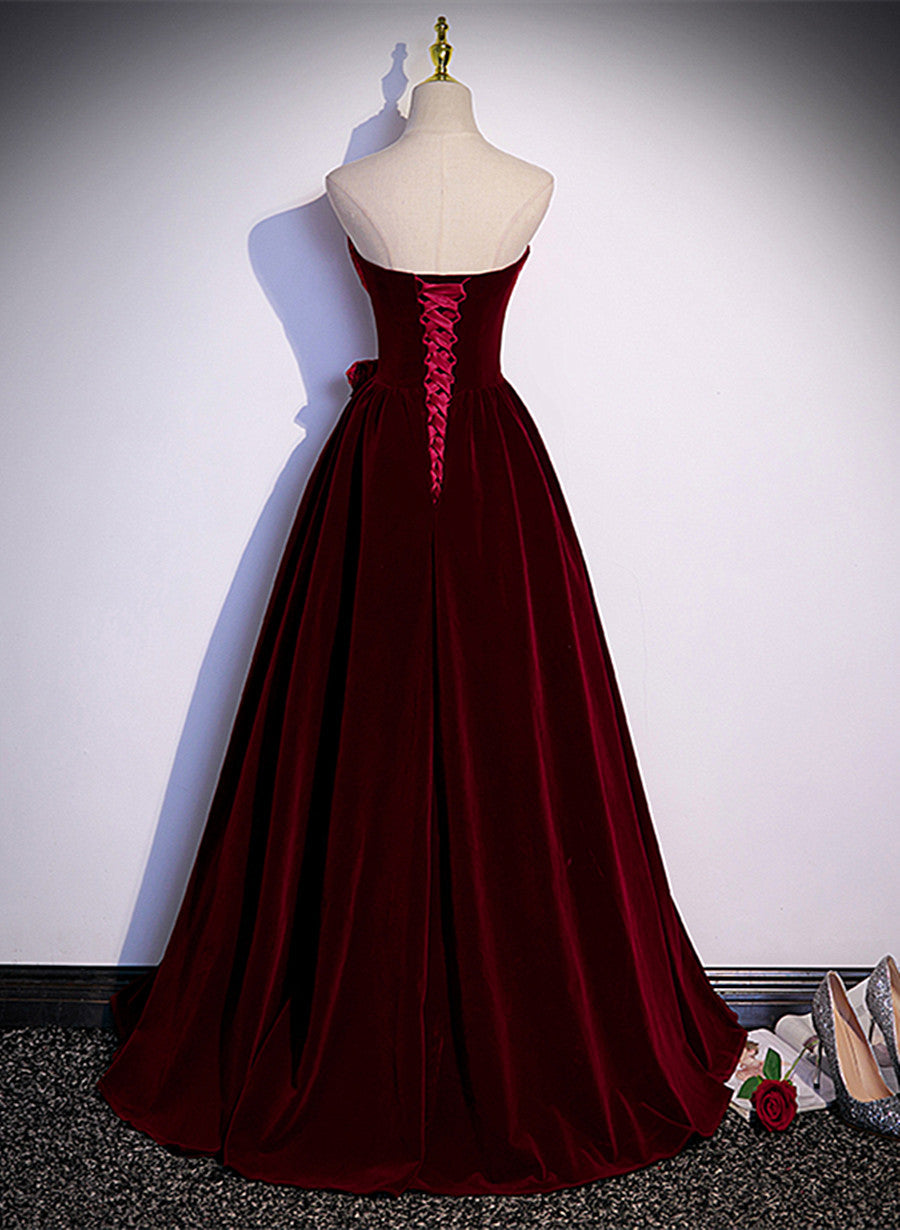 Tmallworld Wine Red Sweetheart Velvet Long Party Dress, A-line Wine Red Prom Dress