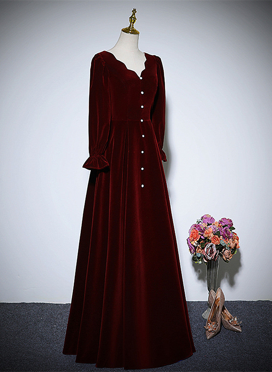 Tmallworld Wine Red Velvet Long Sleeves Wedding Party Dress, A-line Velvet Prom Dress