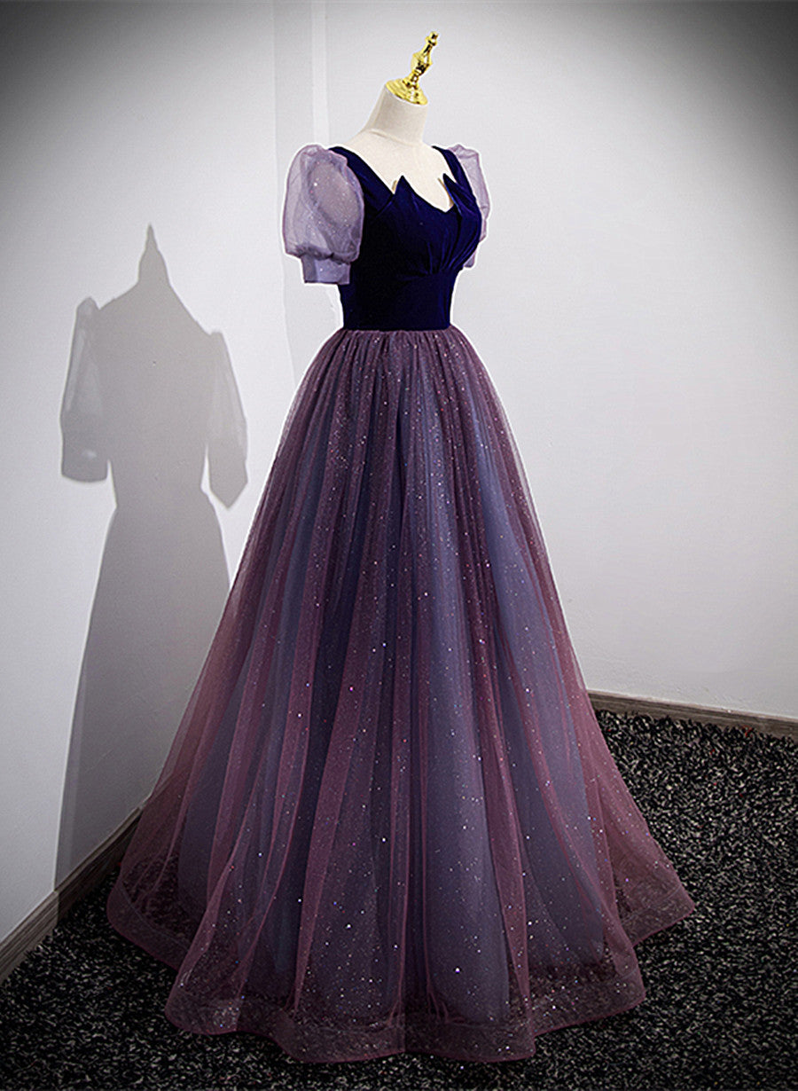 Tmallworld Purple Velvet and Tulle Short Sleeves Evening Dress, Purple A-line Formal Dress Prom Dress