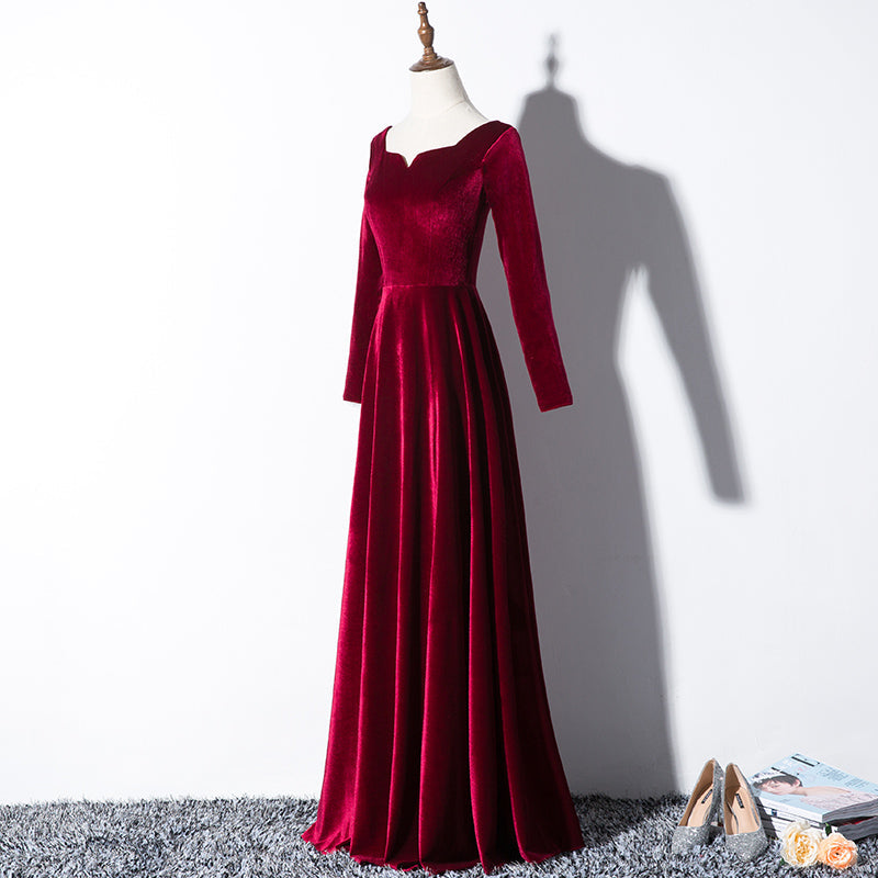 Tmallworld Beautiful Wine Red Velvet Long Sleeves Party Dress, Long Prom Dress