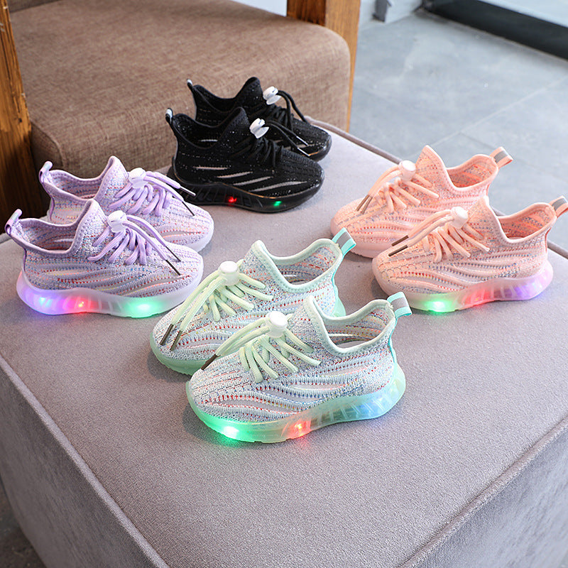 swvws  Girls' LED Light Fly-Knit Sneakers Boys' Breathable Comfortable Soft Bottom Casual Shoes Children's Colorful Korean Style Hair Generation