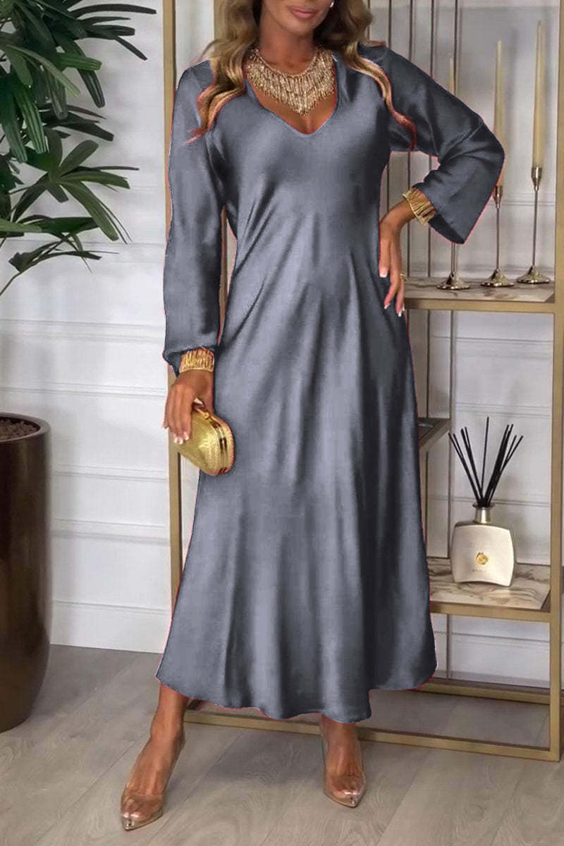 SWVWS New 2025 cross-border independent station new v-neck long-sleeved autumn solid color sexy dress long dress