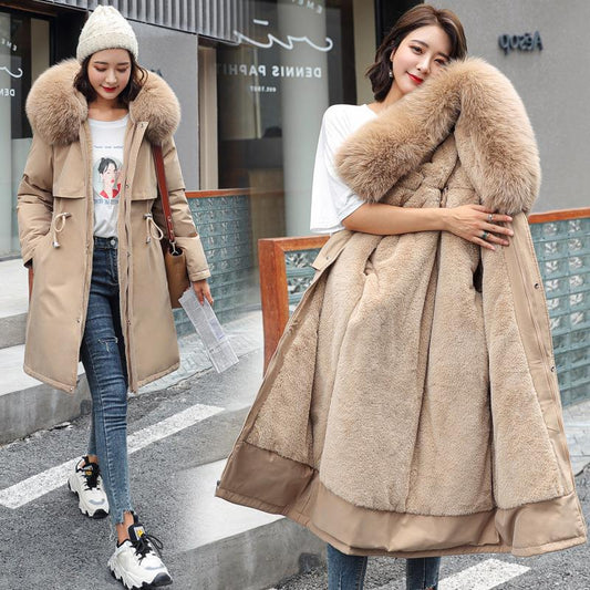 Winter new down cotton-padded clothes women's medium and long Korean version waist large size cotton-padded jacket, thick pie to overcome cotton-padded clothes and velvet