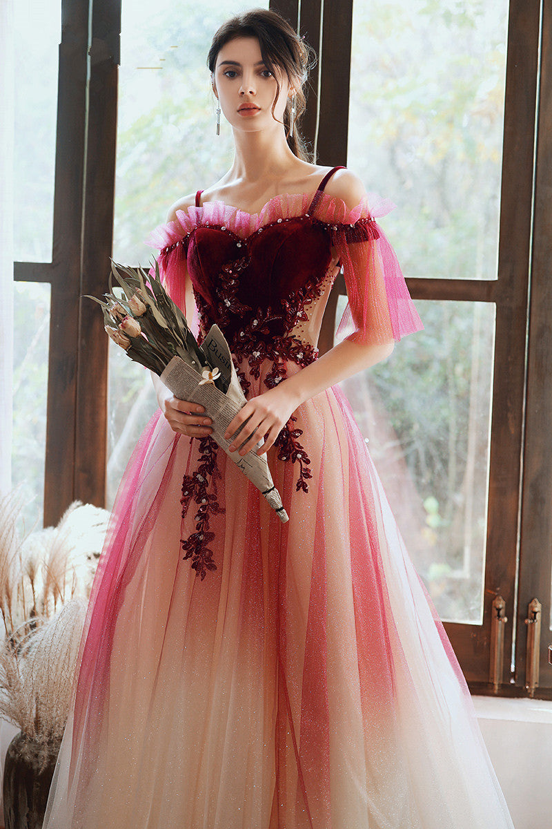 Tmallworld Dark Red Velvet and Tulle Gradient Long Formal Gown,A-line Tulle with Lace Prom Dresses