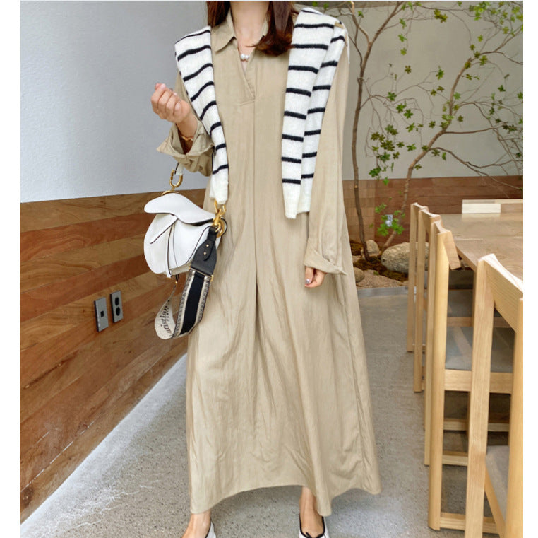 SWVWS New Solid Color Polo Collar Cotton and Linen Long Sleeve Simple Temperament Commute Loose Casual Long plus Size Dress