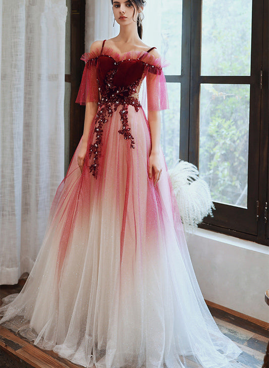 Tmallworld Dark Red Velvet and Tulle Gradient Long Formal Gown,A-line Tulle with Lace Prom Dresses