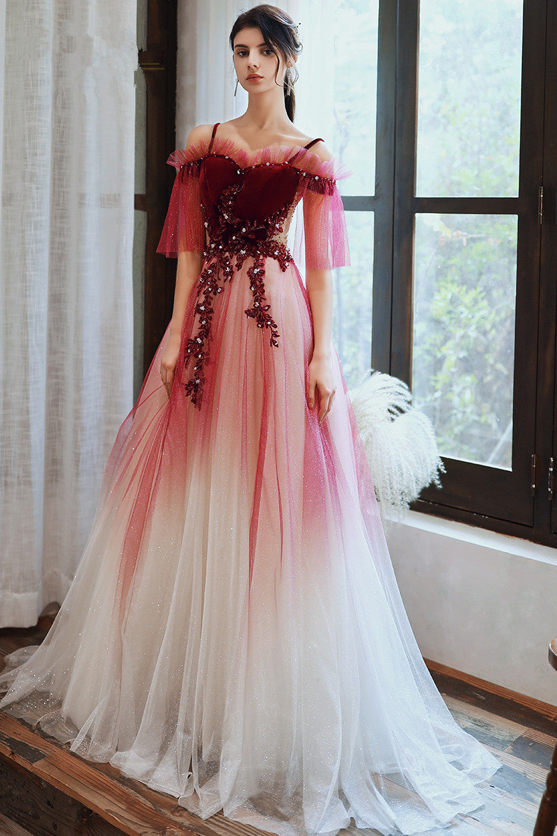 Tmallworld Dark Red Velvet and Tulle Gradient Long Formal Gown,A-line Tulle with Lace Prom Dresses