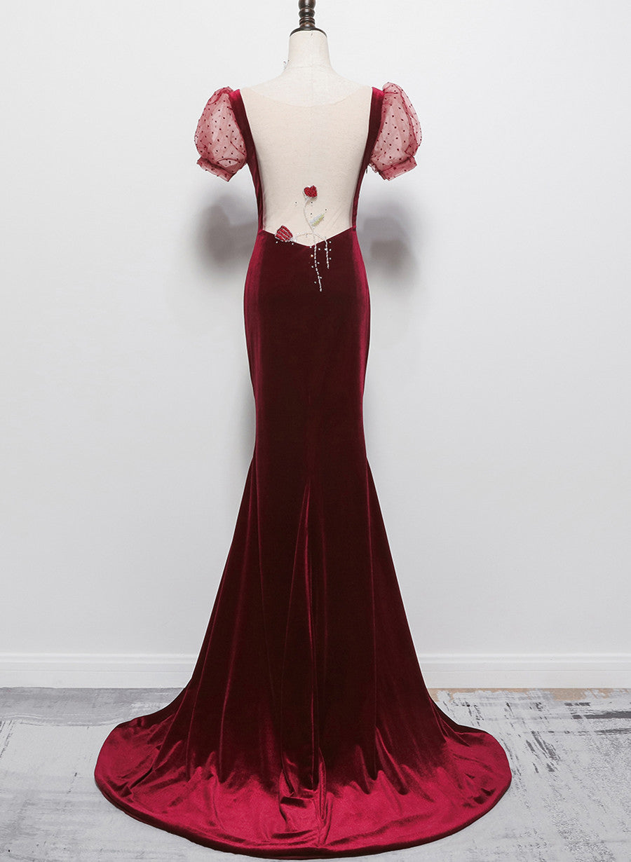 Tmallworld Wine Red Mermaid Velvet with Short Sleeves Formal Dress, Wine Red Evening Dress