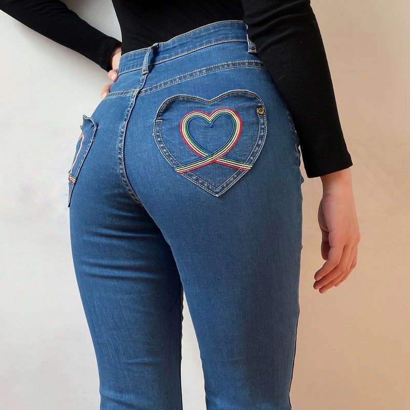 swvws - Rainbow Love Heart Bell Bottom Jeans ~ HANDMADE