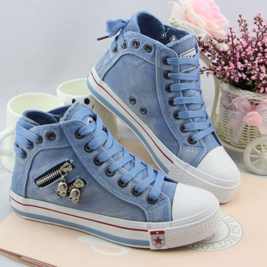 swvws Denim High-Top Canvas Shoes for Women Korean Casual Shoes  Spring and Autumn New Retro plus Size Board Shoes Zipper