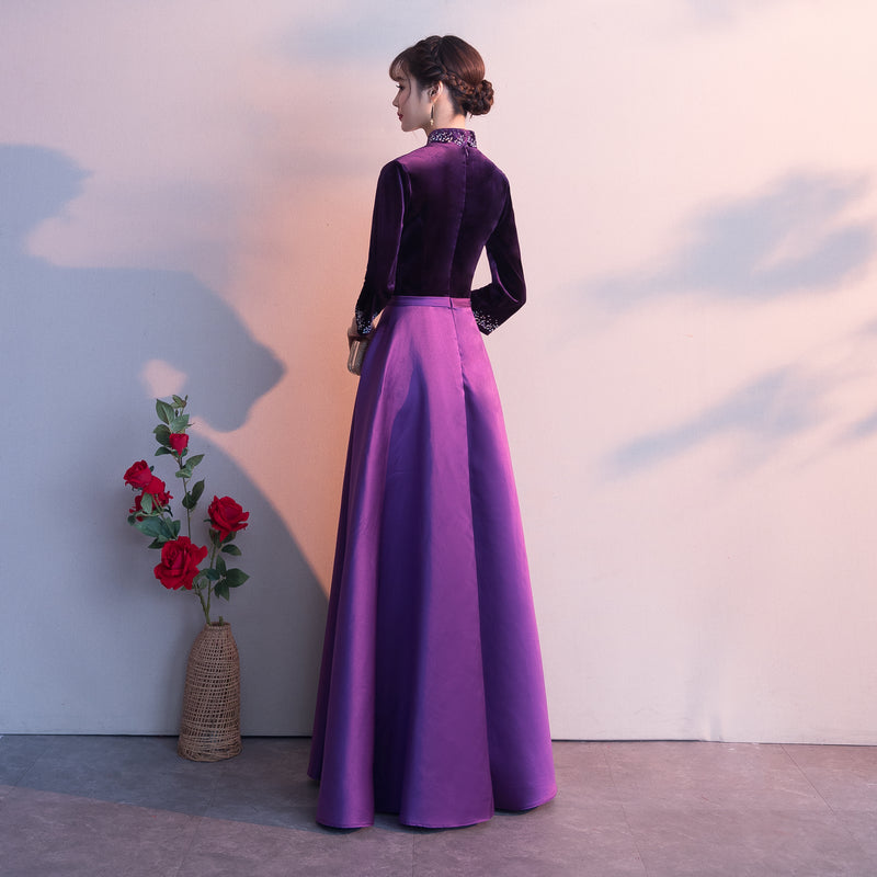 Tmallworld Dark Purple Satin Long Sleeves Beaded Velvet Bridesmaid Dress, Purple Formal Dress