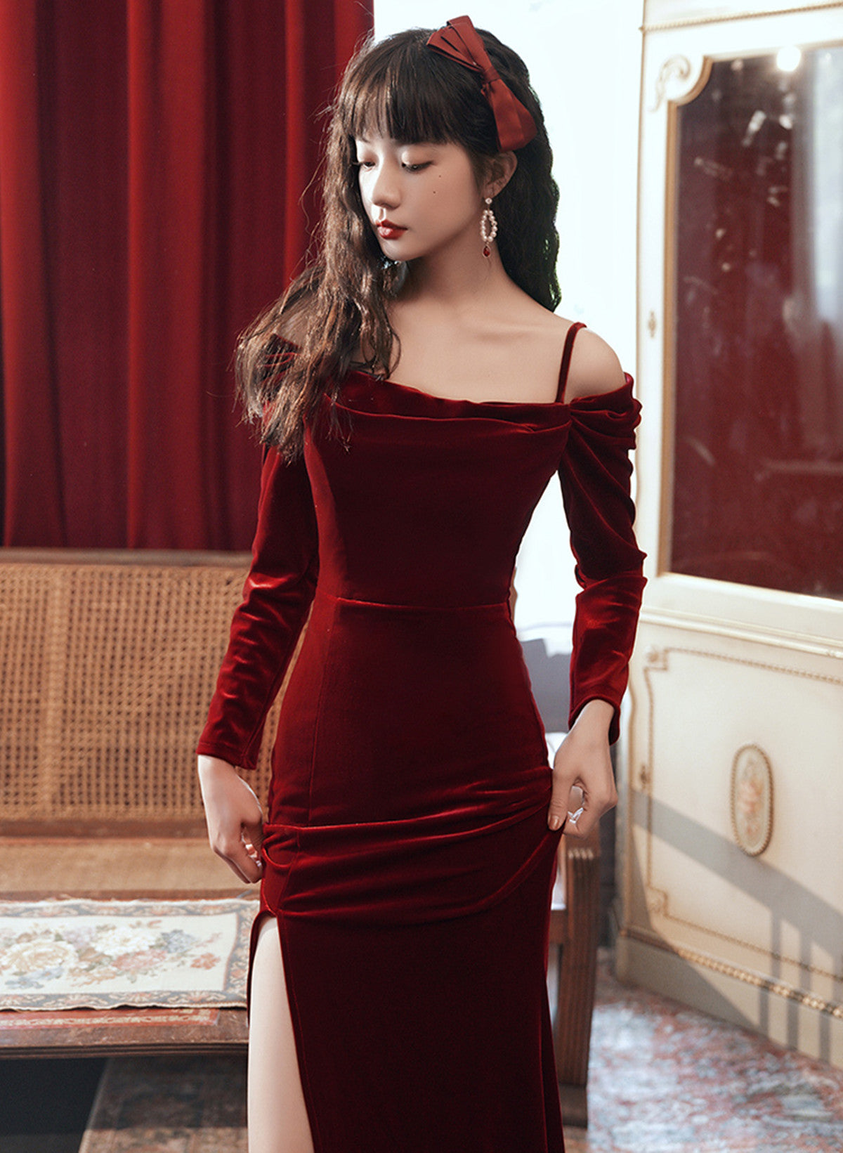 Tmallworld Wine Red Velvet Off Shoulder Long Mermaid Party Dress,Wine Red Wedding Party Dress