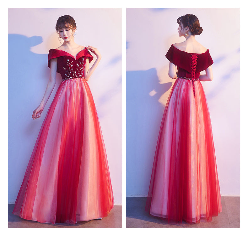 Tmallworld Red Tulle Velvet Top Beaded Off Shoulder Long Party Dress, A-line Red Prom Dresses