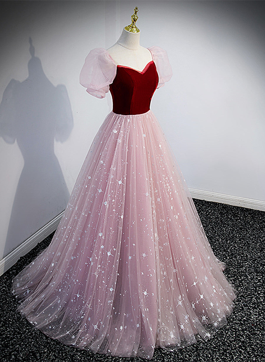 Tmallworld Pink Tulle with Wine Red Velvet Sweetheart Prom Dress, A-line Long Party Dress