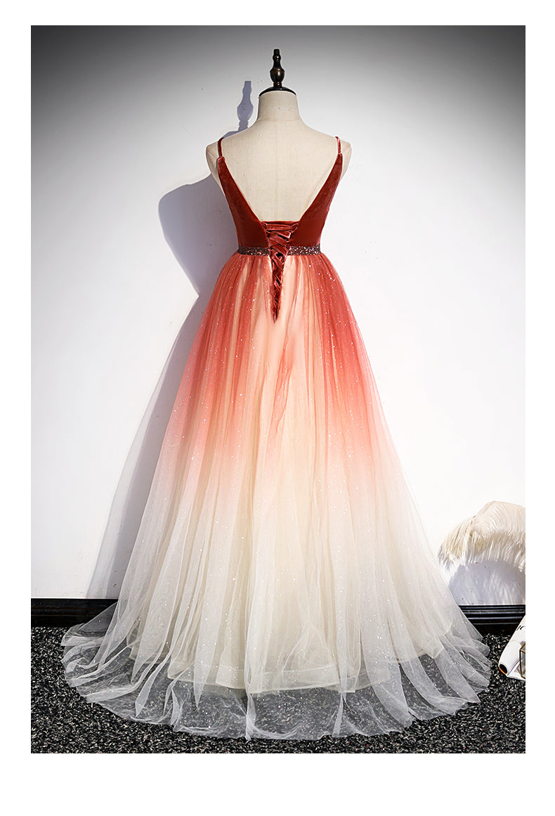 Tmallworld Beautiful Red Velvet and Gradient Tulle Beaded Party Dress, Straps Long Formal Gown