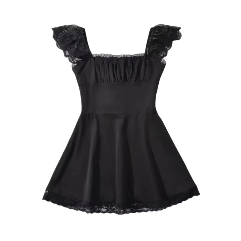 swvws  European and American Retro Square Collar Lace Splicing Sling Dress Design Back Cross Tied Slim Fit Skirt