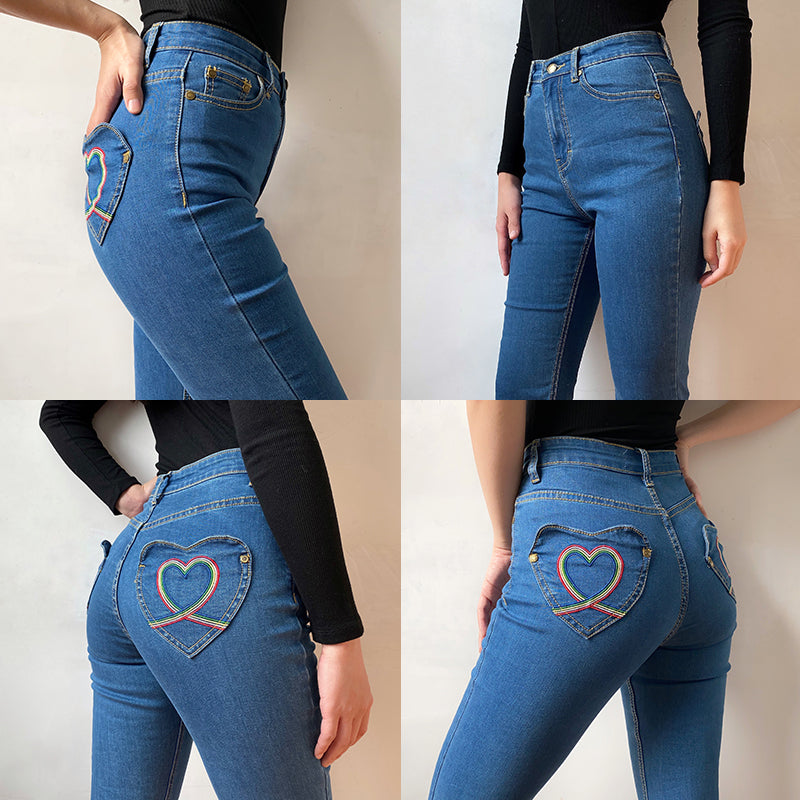 swvws - Rainbow Love Heart Bell Bottom Jeans ~ HANDMADE