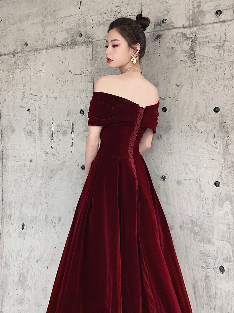 Tmallworld Elegant Velvet Burgundy Long Party Dress, A-line Evening Gown