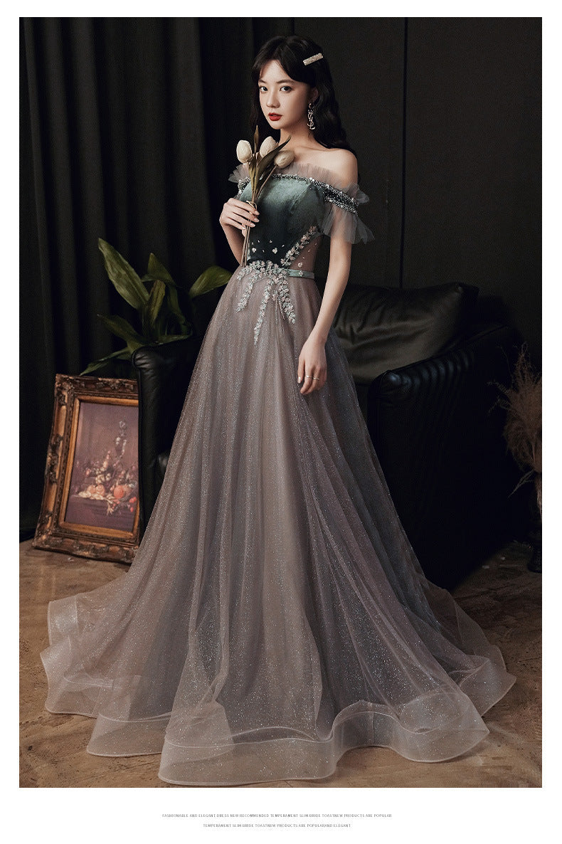 Tmallworld Beautiful Off Shoulder Velvet and Tulle Long Party Dress, A-line Evening Dress Prom Dresse