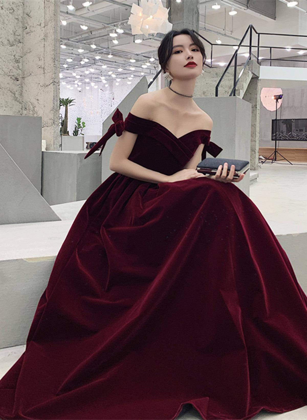 Tmallworld Wine Red Velvet Off Shoulder Party Dress, A-line Velvet Bridesmaid Dress Prom Dress