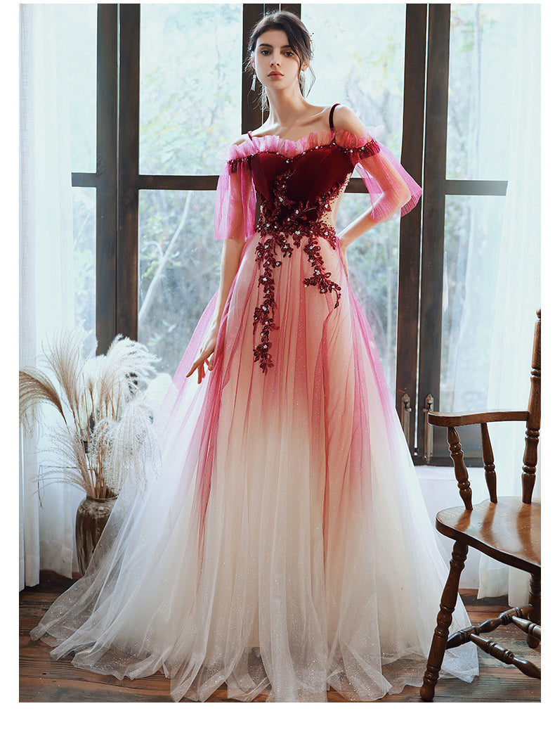 Tmallworld Dark Red Velvet and Tulle Gradient Long Formal Gown,A-line Tulle with Lace Prom Dresses