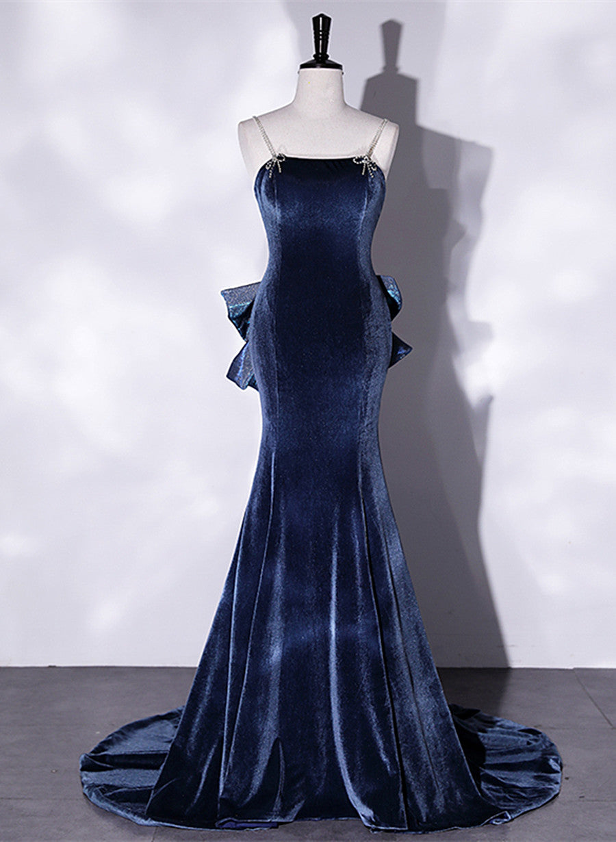 Tmallworld Blue Velvet Mermaid Straps Low Back Party Dress with Bow, Blue Long Evening Dress