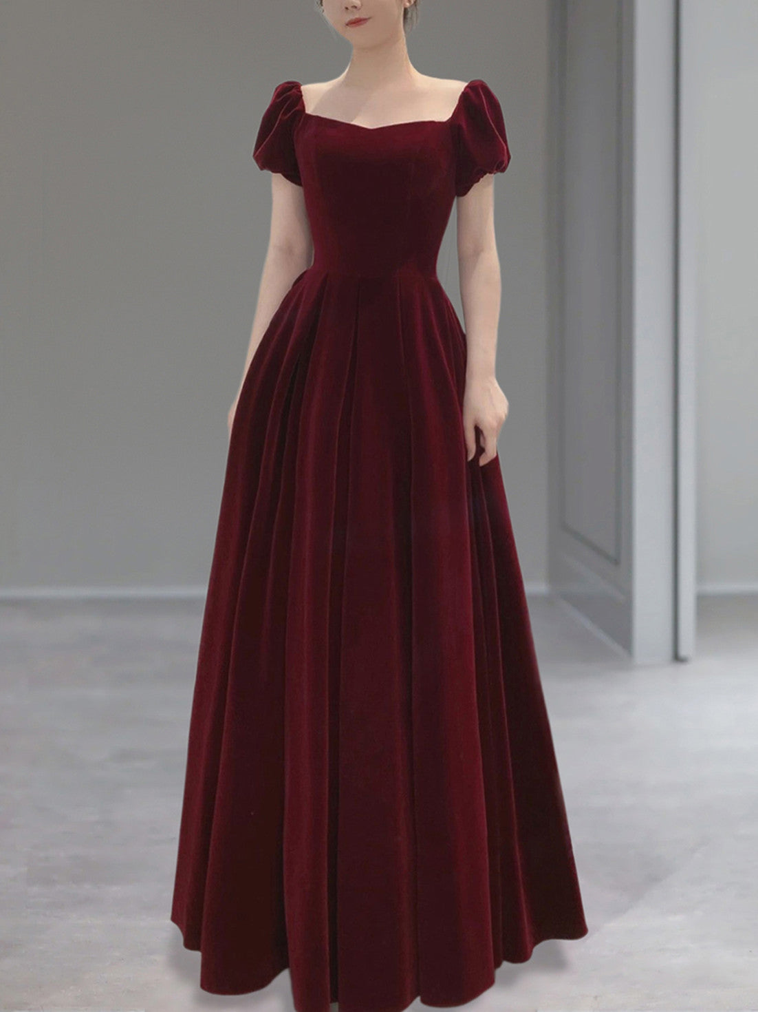 Tmallworld Burgundy Velvet Cap Sleeves Long Formal Dresses, A-line Velvet Evening Dress Prom Dresss