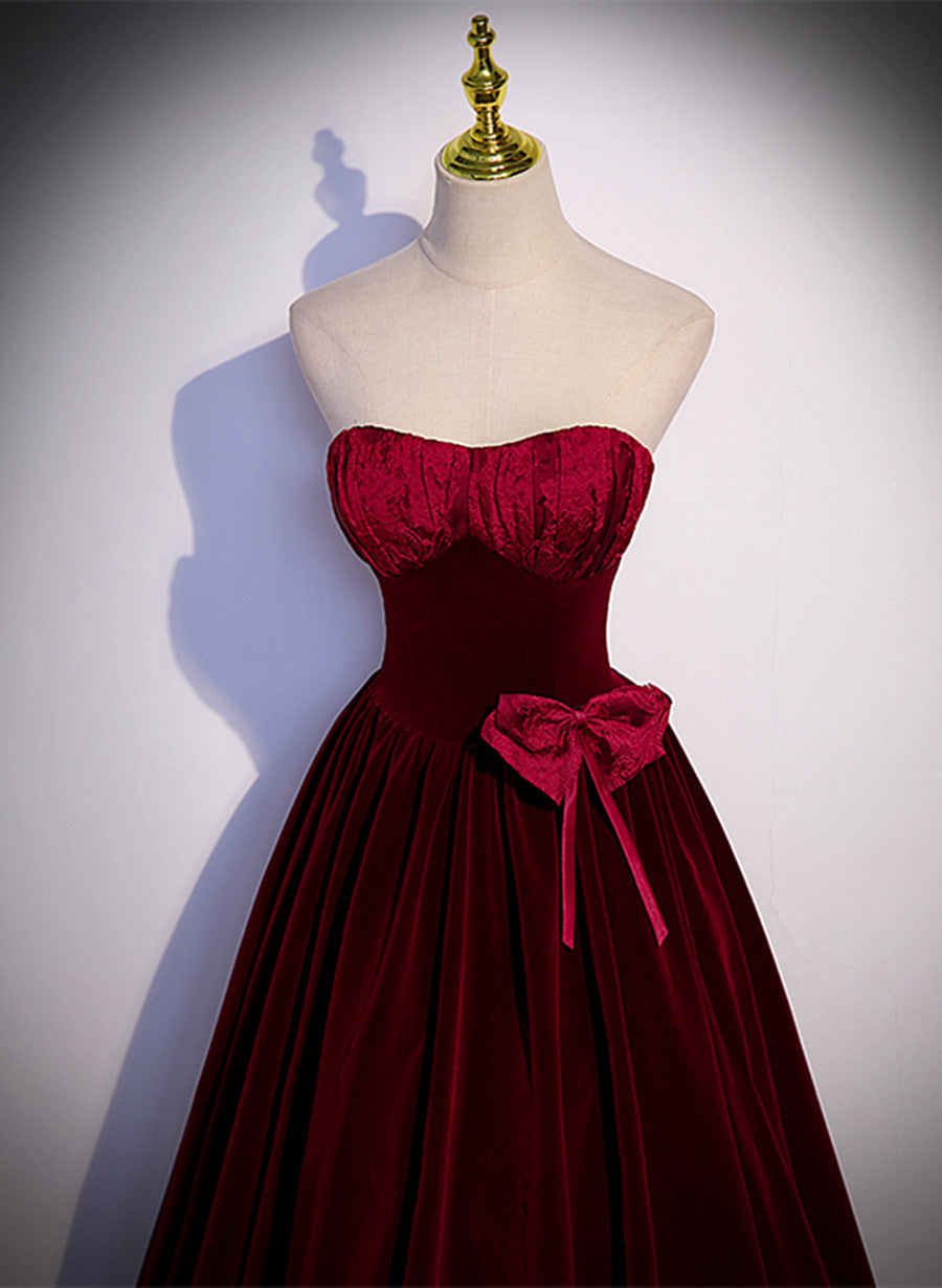 Tmallworld Wine Red Sweetheart Velvet Long Party Dress, A-line Wine Red Prom Dress