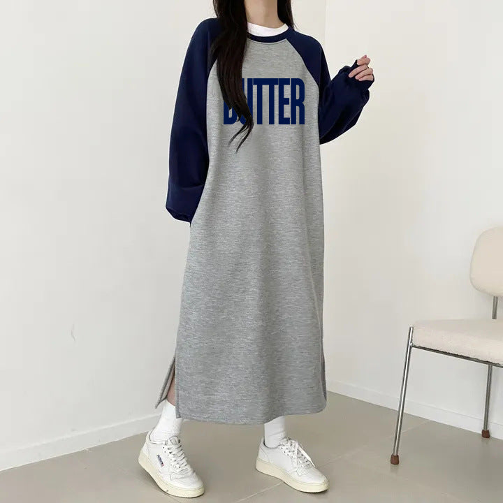 SWVWS 2025 Korean version Korean autumn and winter new 2025n retro loose letter printing thin dress splicing skirt casual medium length