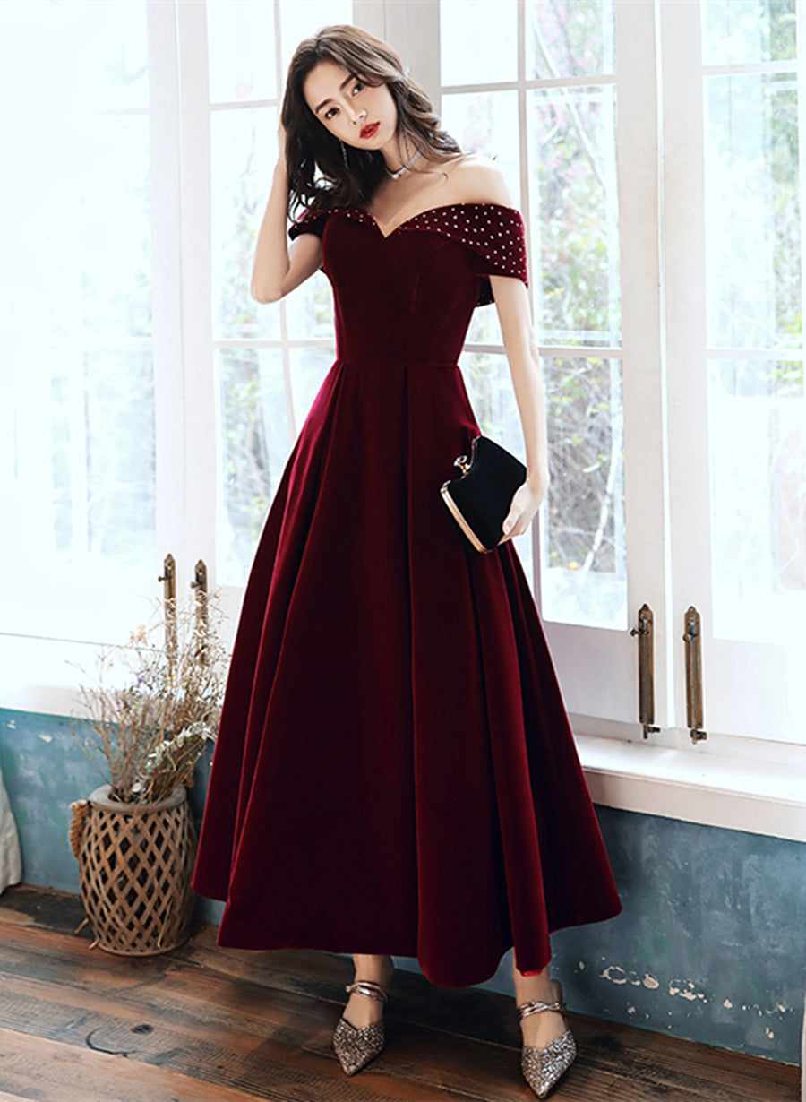 Tmallworld Burgundy Velvet Off Shoulder Long Wedding Party Dress, Burgundy Prom Dress