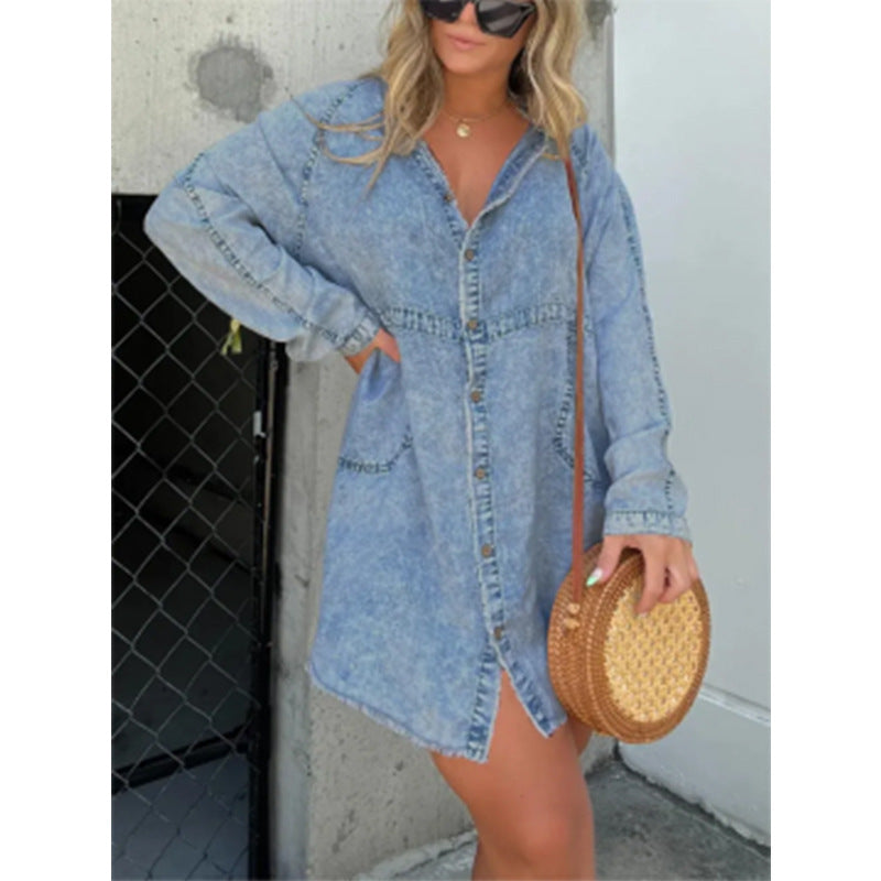 SWVWS New  Cross Border  Hot Denim Skirt V-neck Washed Loose Shirt Dress plus Size