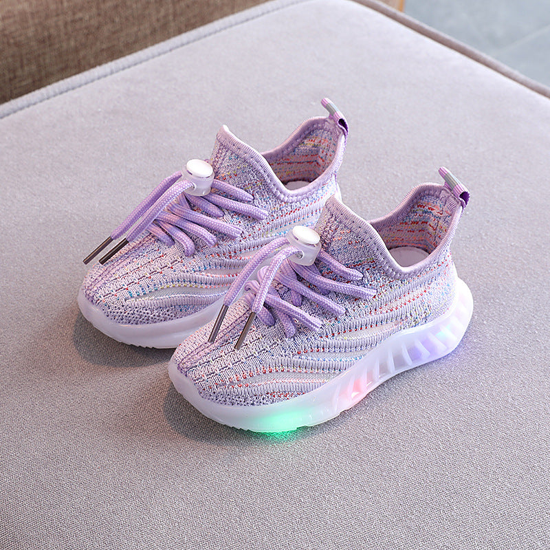 swvws  Girls' LED Light Fly-Knit Sneakers Boys' Breathable Comfortable Soft Bottom Casual Shoes Children's Colorful Korean Style Hair Generation