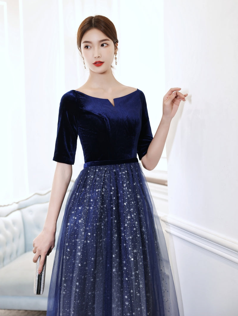 Tmallworld Simple Long Velvet and Tulle Short Sleeves Prom Dress Evening Dress, Blue Bridesmaid Dress