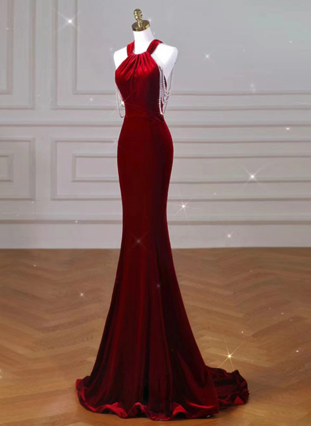 Tmallworld Wine Red Halter Backless Velvet Mermaid Party Dress, Wine Red Evening Dress Prom Dress