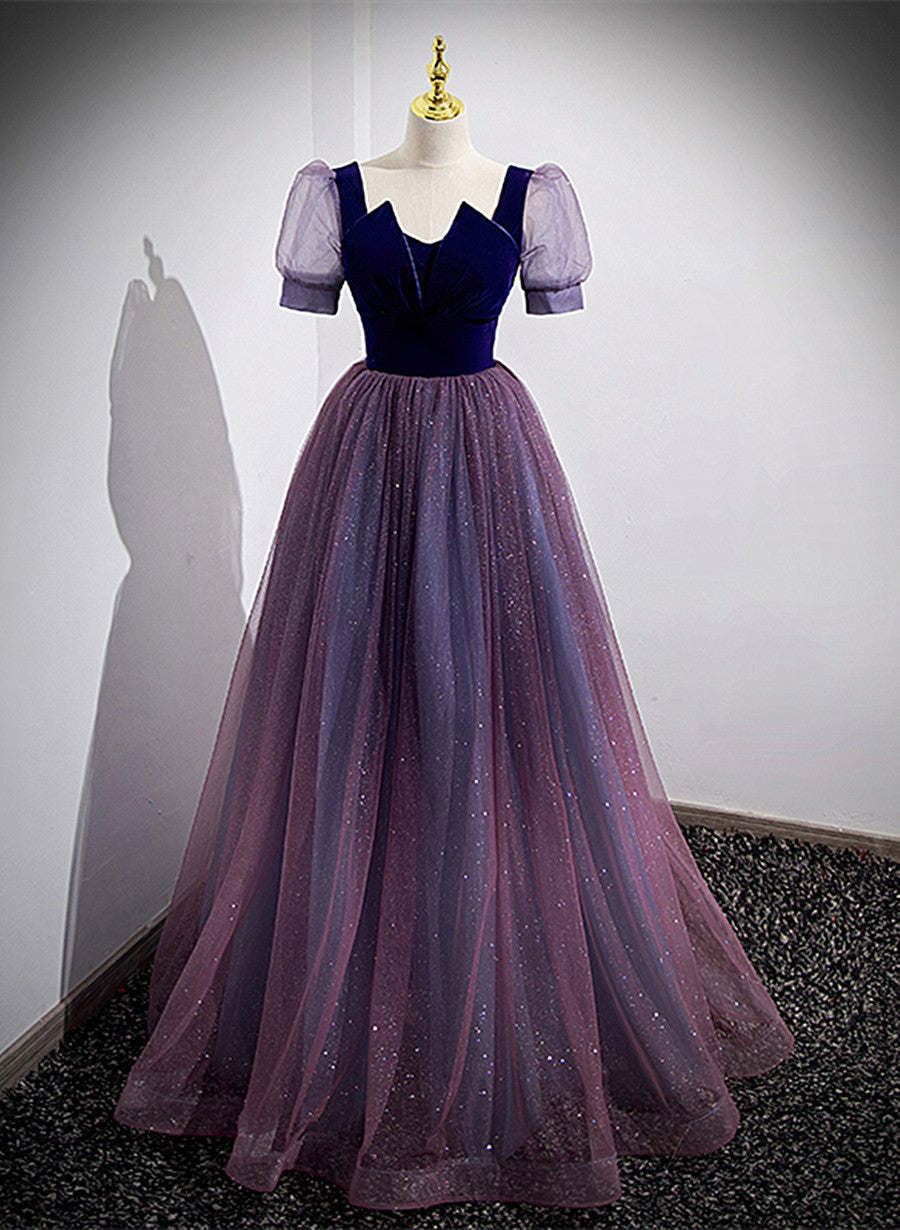 Tmallworld Purple Velvet and Tulle Short Sleeves Evening Dress, Purple A-line Formal Dress Prom Dress